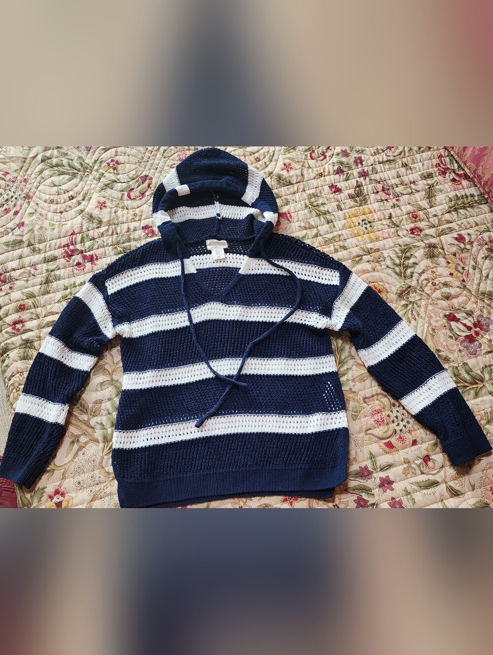 Women's Navy and White Striped Hooded Sweater